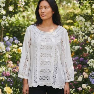 White House Black Market Eyelet Blouse Sz 12 L Crochet Embroidered Feminine *TAG